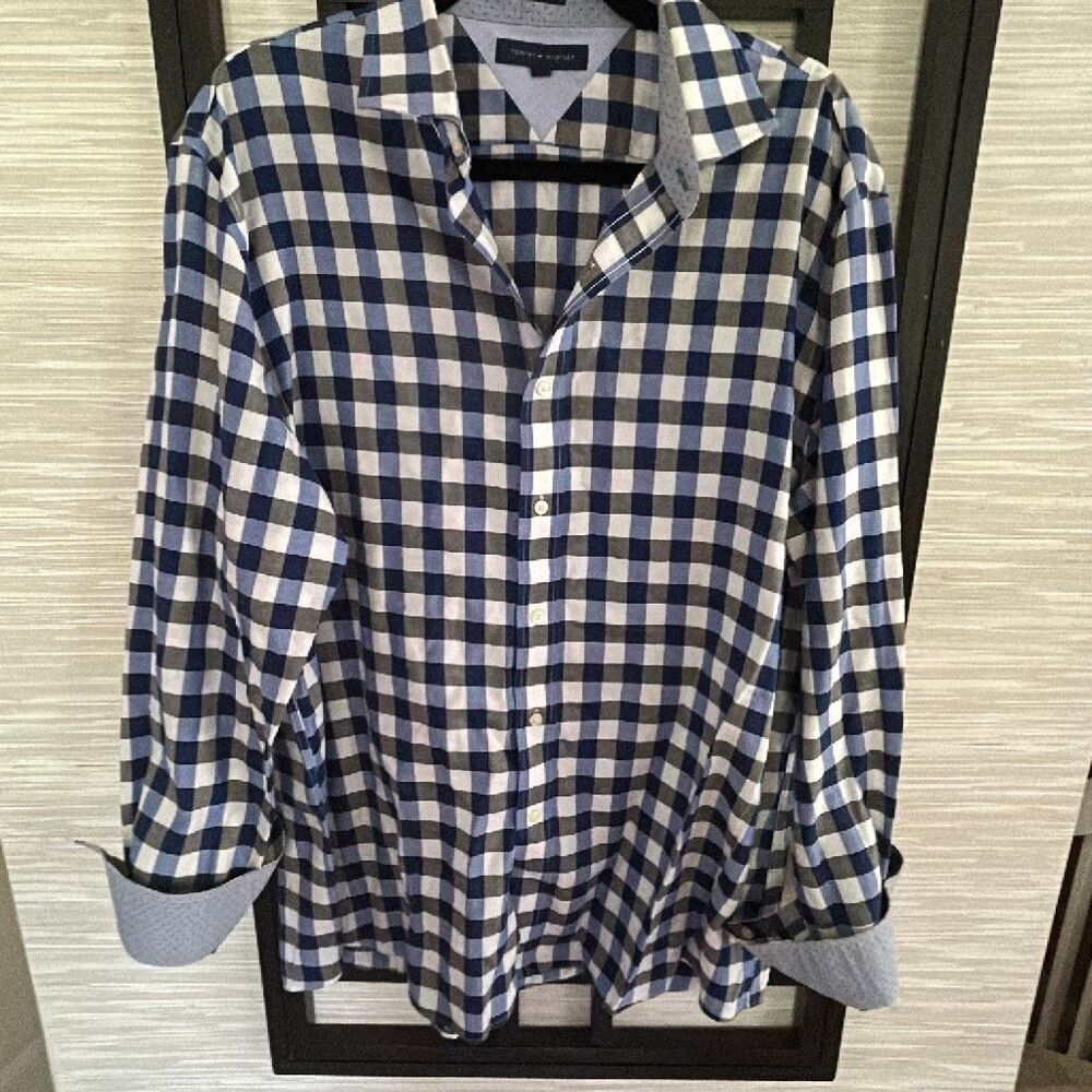 Tommy Hilfiger navy checkered plaid slim fit button-down casual men's shirt size